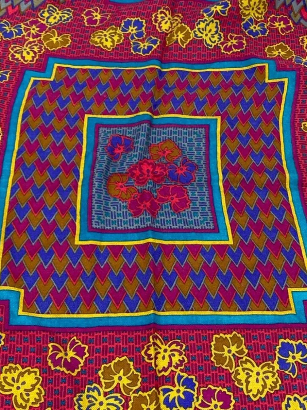 HERMES Pink Khaki Multi Cashmere Silk Scarf